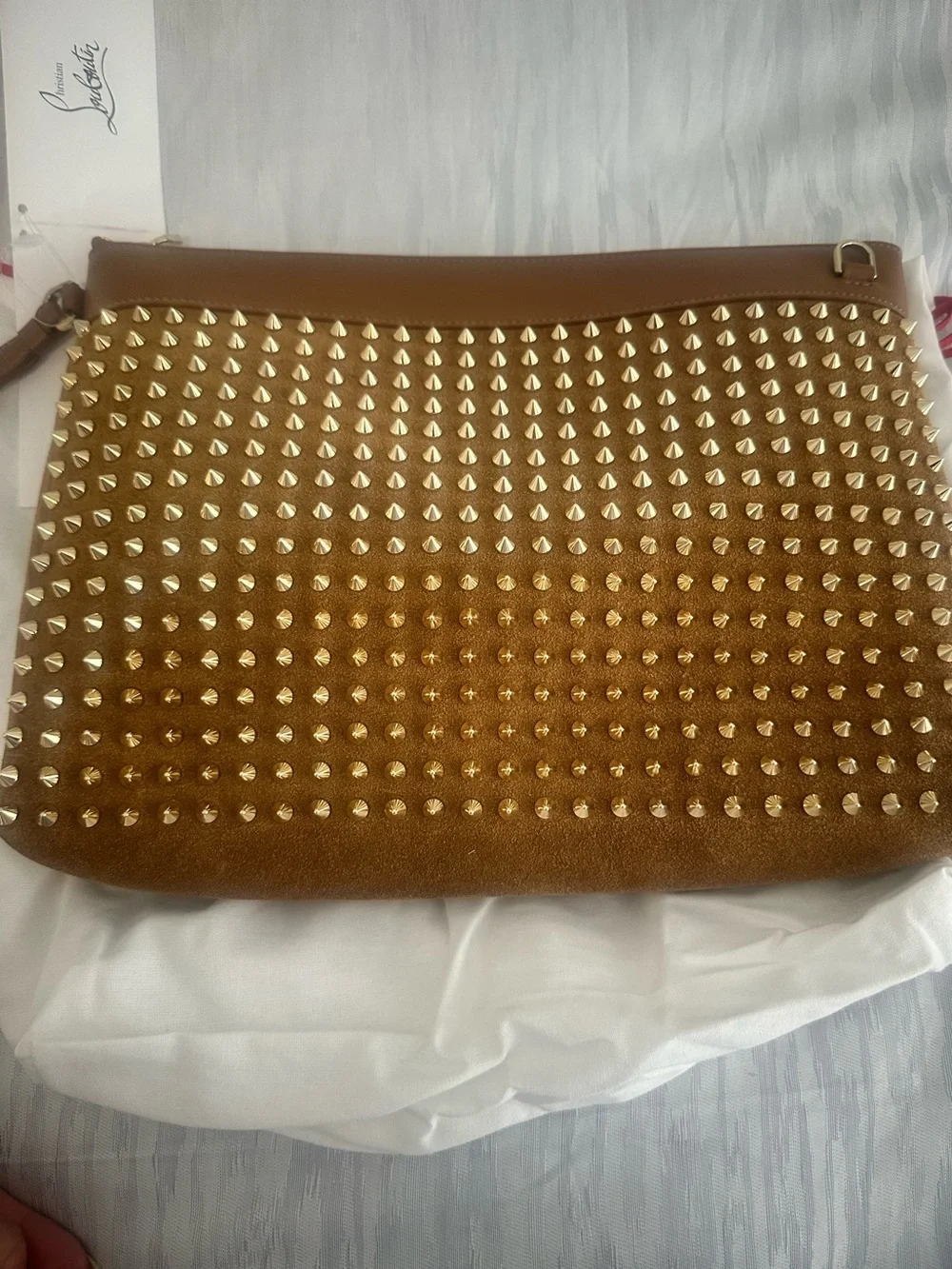 Christian Louboutin Suede Leather Wristlet Clutch in Tan